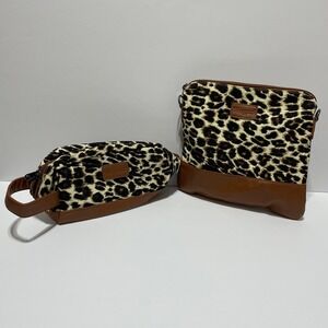 Wogarl Leopard Print Crossbody Bag and Toiletry Pouch Set Brown Canvas